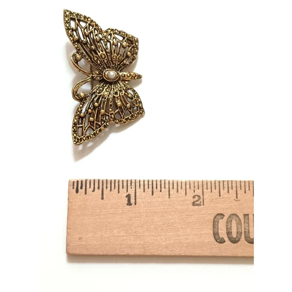 Vintage Antiqued Gold Tone Butterfly Brooch Faux Pearl Openwork Filigree Pin